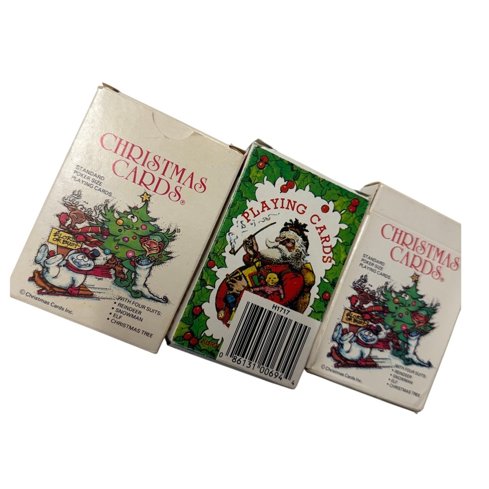Vintage Christmas Playing Cards Set of 3 Decks Santa Reindeer Snowman Elf Poker